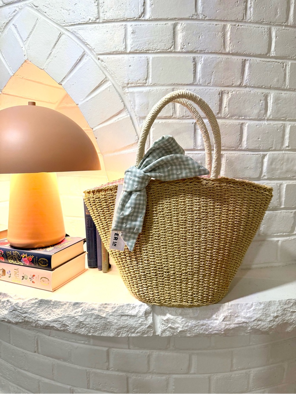 Stoney Clover Lane Mini Woven Raffia Tote Basket Bag Green Heart Gingham Bow